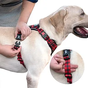 PoyPet No Pull Dog Harness Release on Neck Reflective Adjustable No Choke Pet Vest with Front & Back 2 Leash Attachments Soft Control Training Handle for Medium Dogs(Checkered Red M) M (Pack of 1) Checkered Red - harness