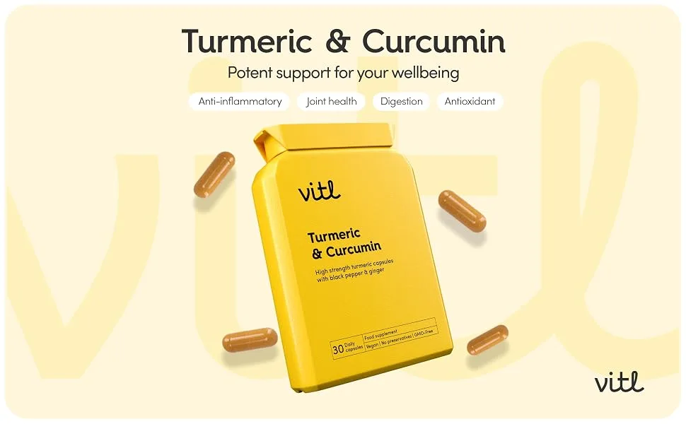 Vitl Turmeric & Curcumin Daily Supplement - 30 High Strength Capsules with 95% Curcuminoids - Support for Joint Flexibility & Mobility - with Black Pepper & Ginger for Maximum Absorption Turmeric & Curcumin 30 count (Pack of 1) - Turmeric & Curcumin