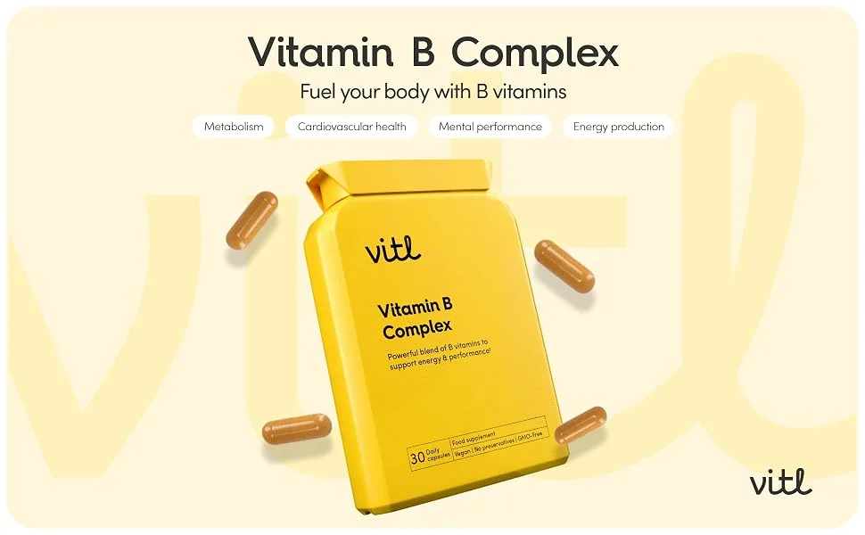 Vitl Vitamin B Complex Daily Supplement - 30 High Strength Capsules with Vitamins B1 B3 & B5 - Support for Cognitive & Mental Performance - Energy Boosting Formula - with Added Folate B Complex 30 count (Pack of 1) - Vitamin B Complex