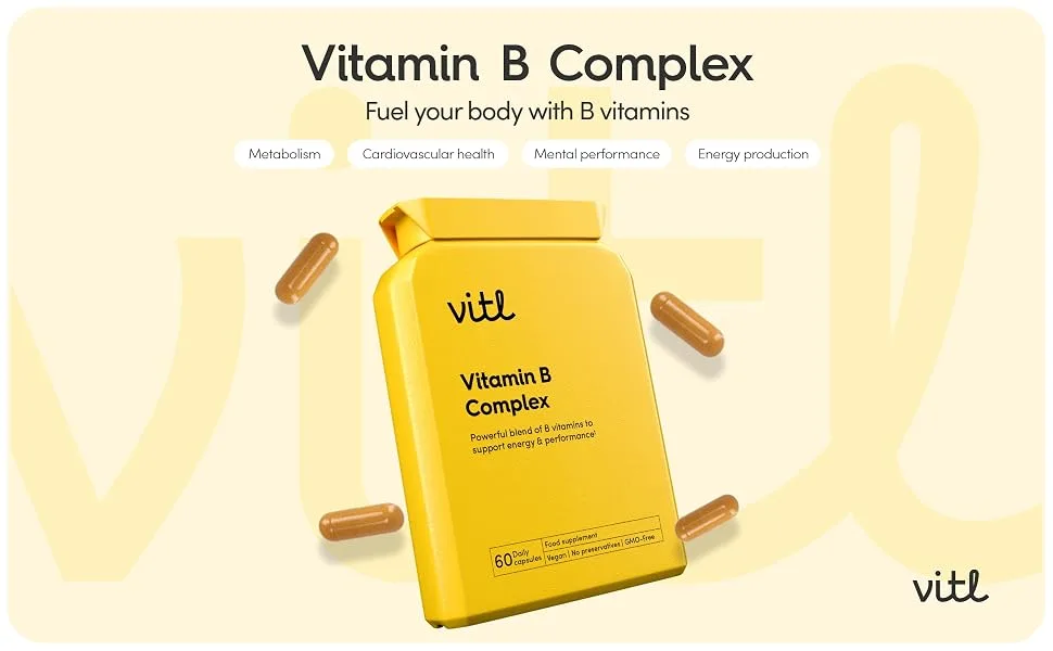 Vitl Vitamin B Complex Daily Supplement - 60 High Strength Capsules with Vitamins B1 B3 & B5 - Support for Cognitive & Mental Performance - Energy Boosting Formula - with Added Folate B Complex 60 count (Pack of 1) - Vitamin B Complex