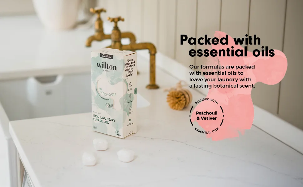 Wilton London Eco Friendly Laundry Capsules 22 Washes - 100% Plastic Free Packaging - Non-Bio - Plant-based & Biodegradable Powder Formula - Essential Oils - Fresh and Longlasting Patchouli Scent - Patchouli Laundry Capsules