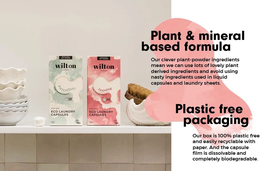 Wilton London Eco Friendly Laundry Capsules 22 Washes - 100% Plastic Free Packaging - Non-Bio - Plant-based & Biodegradable Powder Formula - Essential Oils - Fresh and Longlasting Patchouli Scent - Patchouli Laundry Capsules