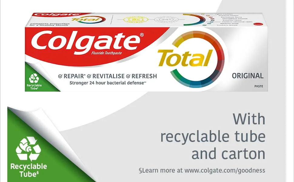 Colgate Total Original Toothpaste size | stronger 24-hour bacterial defence* | long-lasting active protection* | unique dual zinc antibacterial technology | 8 benefits for complete protection 100 ml (Pack of 5) Original - middle image