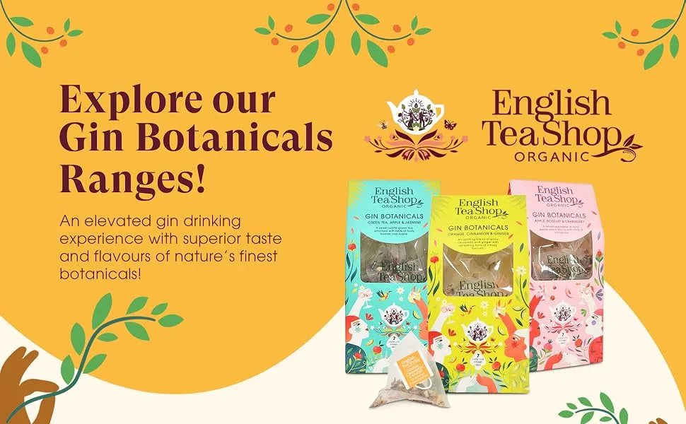 English Tea Shop Organic Gin Botanicals - 12 Pyramid Tea Bags Gift pack with 3 different Natural Botanical Blends - gin botanicals range overview