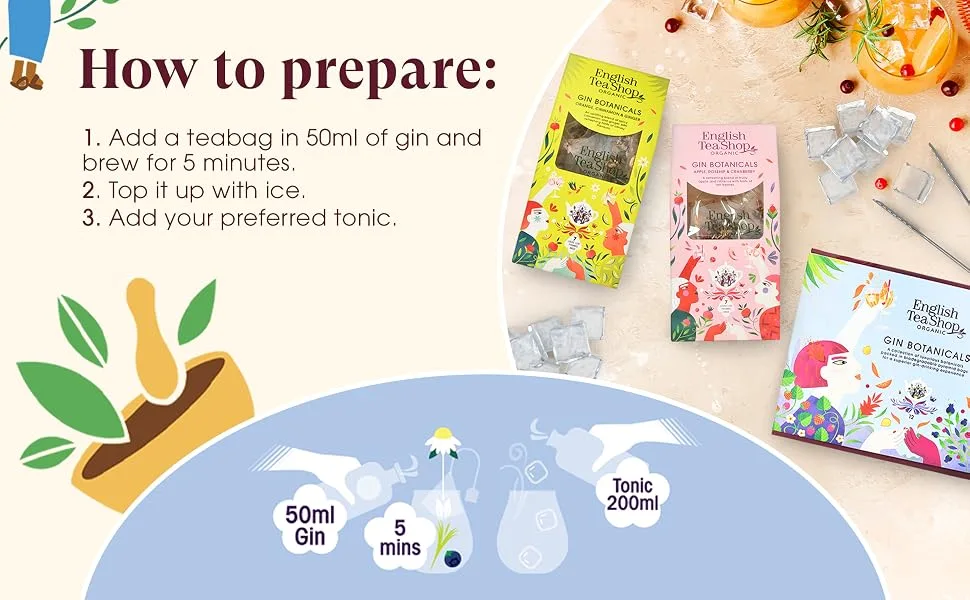 English Tea Shop Organic Gin Botanicals - 12 Pyramid Tea Bags Gift pack with 3 different Natural Botanical Blends - how to prepare