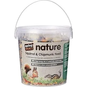 Extra Select Squirrel & Chipmunk Feed In Bucket 1ltr Squirrel & Chipmunk Feed 1 l (Pack of 1) - 1 Litre resealable & reusable bucket of squirrel & chipmunk feed, natural feed for wildlife.