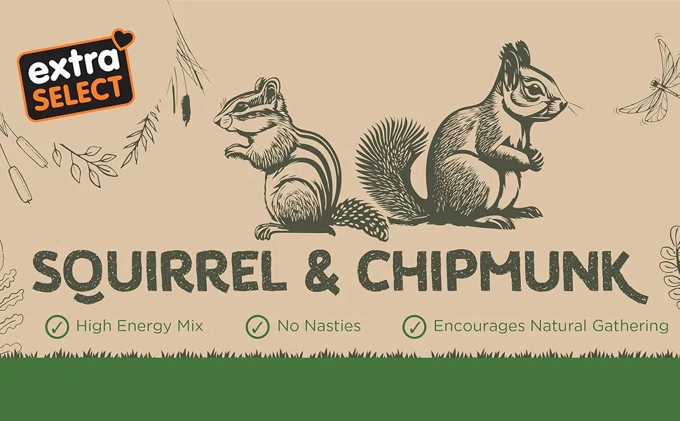 Extra Select Squirrel & Chipmunk Feed In Bucket 1ltr Squirrel & Chipmunk Feed 1 l (Pack of 1) - Squrirel and chipmunk header, featuring linework of a grey squirrel and chipmunk in natural setting.