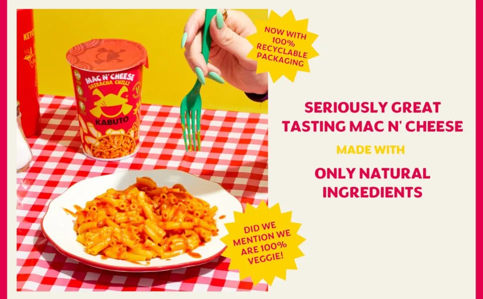 Kabuto Noodles Mac n' Cheese Sriracha Chilli Pack of 6 (6 x 85g Instant Macaroni Cheese Sriracha Chilli Flavour Pots) - serving