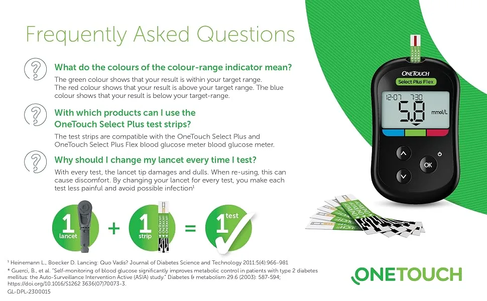 OneTouch Select Plus Blood Glucose Meter I Set for blood glucose control with 1 blood glucose meter + 10 test strips + 1 lancing device + 10 lancets in a case (including batteries) - product information 4
