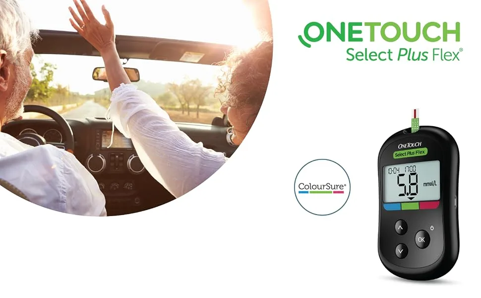 OneTouch Select Plus Blood Glucose Meter I Set for blood glucose control with 1 blood glucose meter + 10 test strips + 1 lancing device + 10 lancets in a case (including batteries) - OneTouch Select Plus Flex