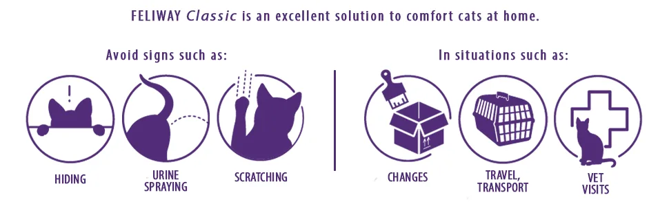 FELIWAY Classic 30 day Refill comforts cats helps solve behavioural issues and stress/anxiety in the home - 48ml Single 30 day refill pack - FELIWAY CLASSIC signs