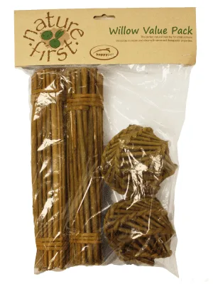 Happy pet Nature First Willow Value Pack - 2 Willow Sticks & 2 Willow Balls - Suitable for Small Animals - Nature First