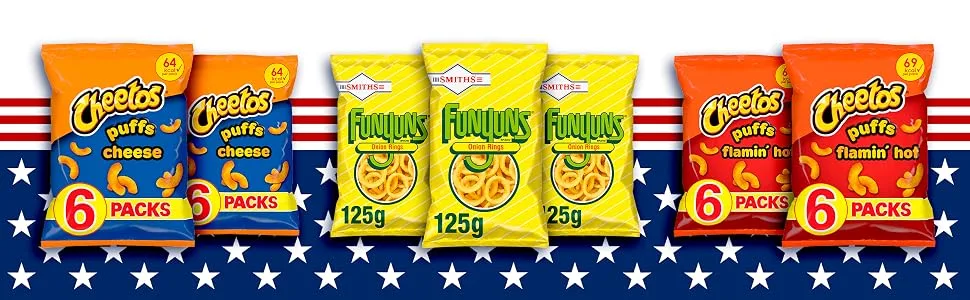 Cheetos & Funyuns American Snacks Multipack Sharing Bundle | Flamin' Hot | Cheese | Onion Rings (Case of 27 Packs) - american bundle cheetos puffs flamin