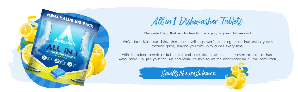 Astonish All In 1 Powerful Cleaning Dishwasher Tablets with Salt and Rinse Aid Mega Multipack of 200 Tablets (2 x 100) Lemon Fresh - Dishwasher Bundle