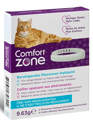 Pheromone Calming Collar for Cats Helps Them Feel Safe and Satisfied Be Calm and Reduce Stress Anxiety and Unwanted Behavior Pack with a Collar Pack with one collar - CZ Collars Packaging 300 x 400