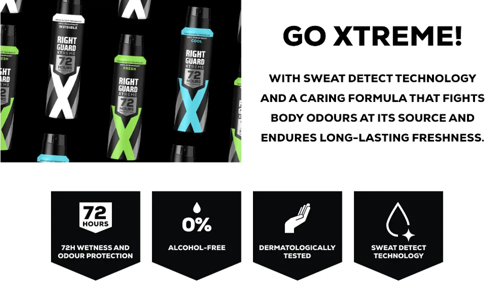 Right Guard Mens Deodorant Xtreme Fresh 72H High-Performance Anti-Perspirant Spray Multipack 6 x 150 ml - Right Guard Xtreme Arrows