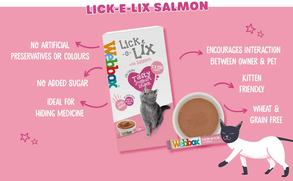 Webbox Lick-e-Lix Cat Treats Salmon - Kitten Friendly Grain and Gluten Free No Artificial Preservatives or Colours (10 x 5 Packs) - lick e lix salmon