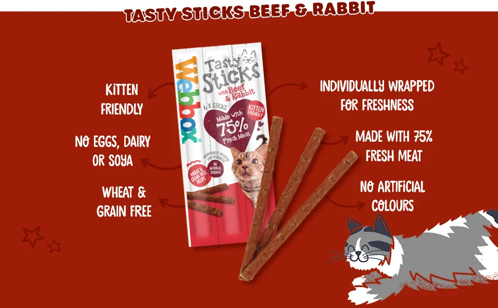 Webbox Tasty Sticks Cat Treats Beef and Rabbit - Kitten Friendly Wheat and Grain Free No Artificial Colours (25 x 6 Packs) - tasty sticks beef & rabbit