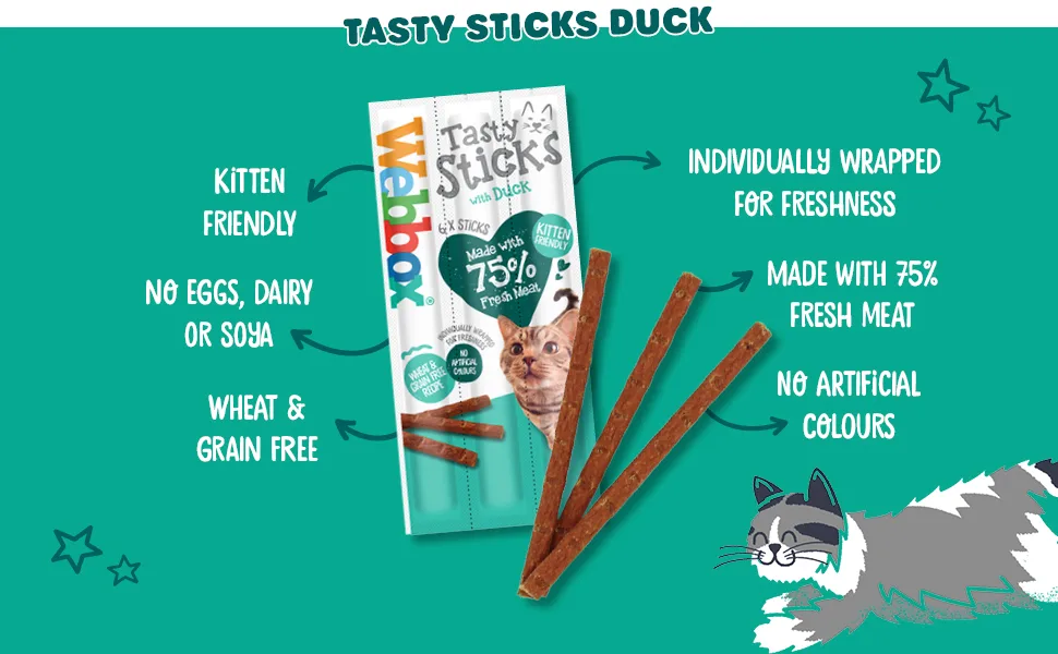Webbox Tasty Sticks Cat Treats Duck - Kitten Friendly Wheat and Grain Free No Artificial Colours (25 x 6 Packs) - tasty sticks duck