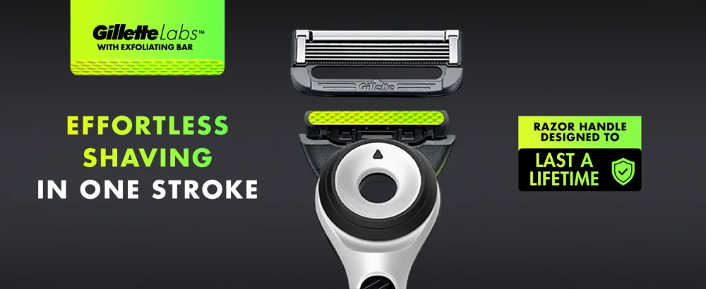 Gillette Labs Exfoliating Razor White Handle 2 Blade Refills Travel Case and Stand silver 2 count 1 count (Pack of 1) - Razor head hovering above GilletteLabs Solo Blade Razor that shaves effortlessly in one stroke.