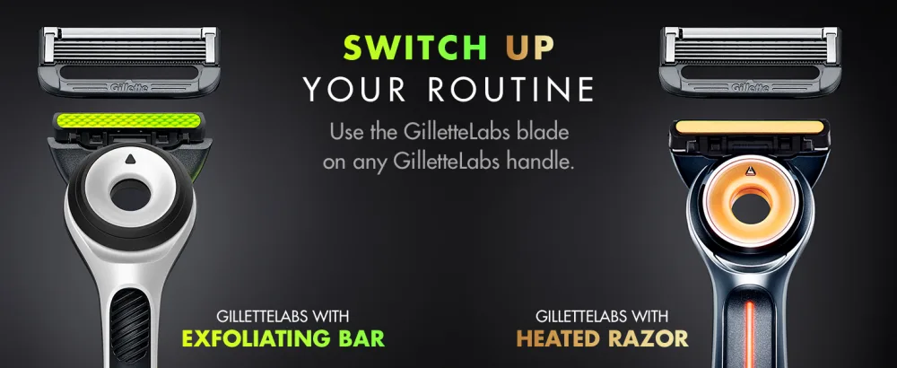 Gillette Labs Exfoliating Razor White Handle 2 Blade Refills Travel Case and Stand silver 2 count 1 count (Pack of 1) - Razor with Exfoliating Bar and Heated Razor side by side with interchangeable blades.