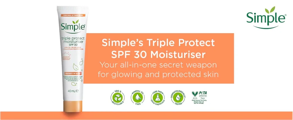 Simple Protect 'N' Glow Triple Protect Moisturiser SPF 30 40ml 40 ml (Pack of 1) Triple Protect Moisturiser - Simple Triple Protect SPF 30 Moisturiser, your all-in-one secret weapon for glowing & protected skin