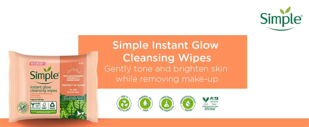 Simple Protect N Glow Instant Glow Biodegradable Wipes dermatologically tested for sensitive skin 20 wipes 20 count (Pack of 1) - Simple Protect