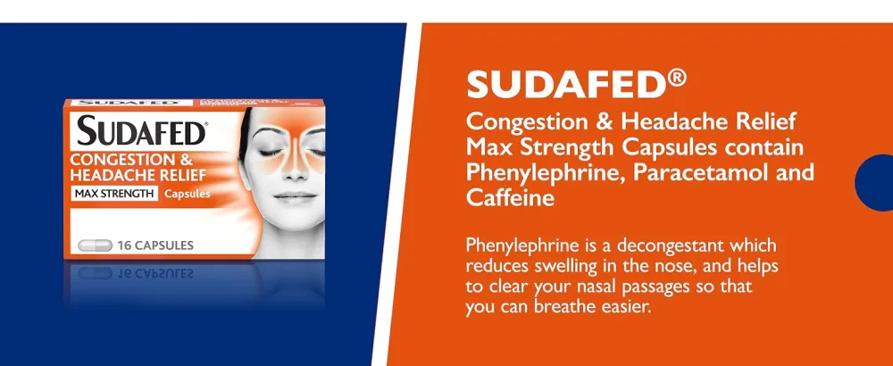 Sudafed Congestion & Headache Relief Max Strength Capsules Targets Blocked Nose Pressure Heavy Head Relieves Congestion and Headache with Maximum Strength formula pack of 16 - sudafed
