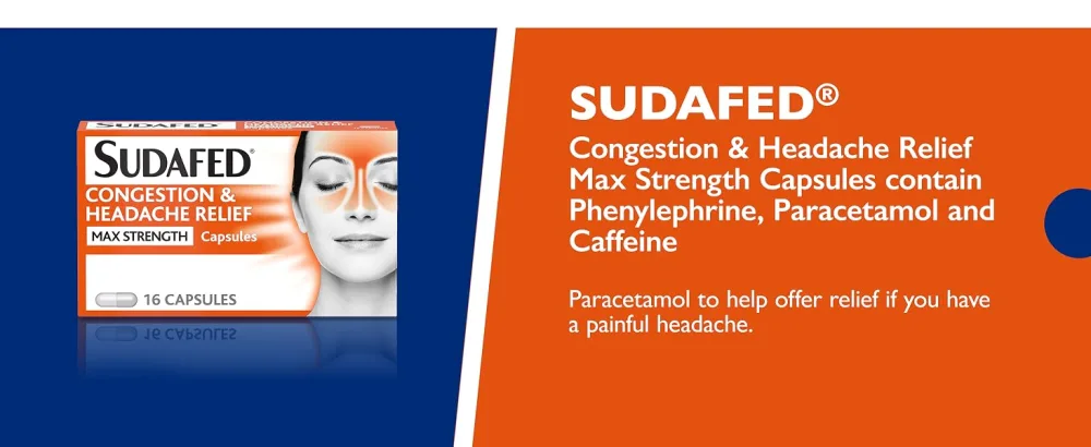 Sudafed Congestion & Headache Relief Max Strength Capsules Targets Blocked Nose Pressure Heavy Head Relieves Congestion and Headache with Maximum Strength formula pack of 16 - sudafed