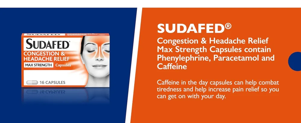 Sudafed Congestion & Headache Relief Max Strength Capsules Targets Blocked Nose Pressure Heavy Head Relieves Congestion and Headache with Maximum Strength formula pack of 16 - sudafed