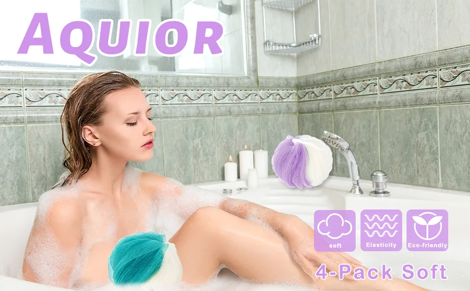 Aquior Shower Puff Loofahs 60g/PCS Extra Large Mesh Pouf Easy Foaming Body Scrubber Exfoliator for Big Full Lather Cleanse(4 Pack) Style04 - shower cap