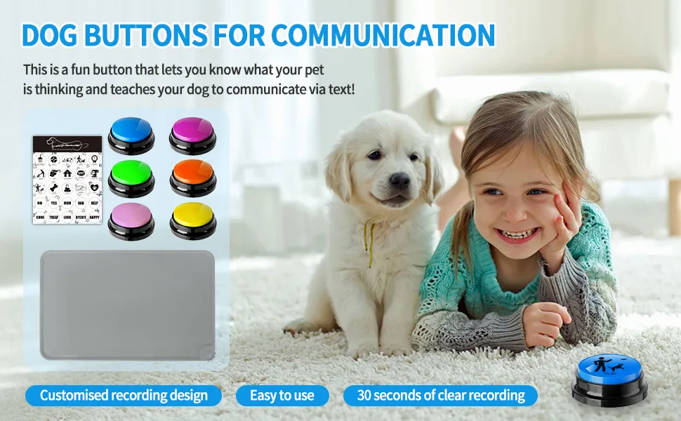 Carseatty Dog Buttons for Communication and Training 6 Pack Recordable Dog Buttons Pet Command Buzzer with Stickers and Anti-Slip Mat 30 Second Record Speech Training Buttons Multicolour - product information 1