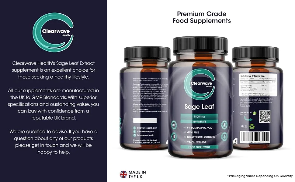 Sage Tablets - 120 Pack - High Strength Sage Leaf Tablets - Menopause Support - 4 Month Supply - Vegan - Made in The UK - Menopause Supplement