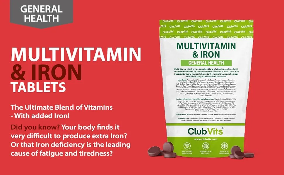 High Strength Multivitamin & Iron - Includes Important Immune Defence with Vitamin C D & B6 | One-A-Day Easy-Swallow 90 Pack of Tablets by Club Vits (90) - multivitamins for adults