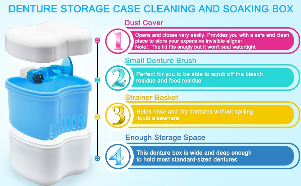 Keedolla Denture Case with Strainer Basket Dental Retainer Container Case Denture Storage Cleaner Box for Travel and Daily Use - Lake Green - product information 3