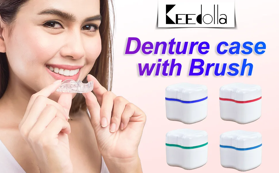Keedolla Denture Boxes with Cleaning Brush Denture Retainer Case Denture Bath Cleaning Soaking Cup Mouth Guard Holder Case Holder - Blue - product information 1
