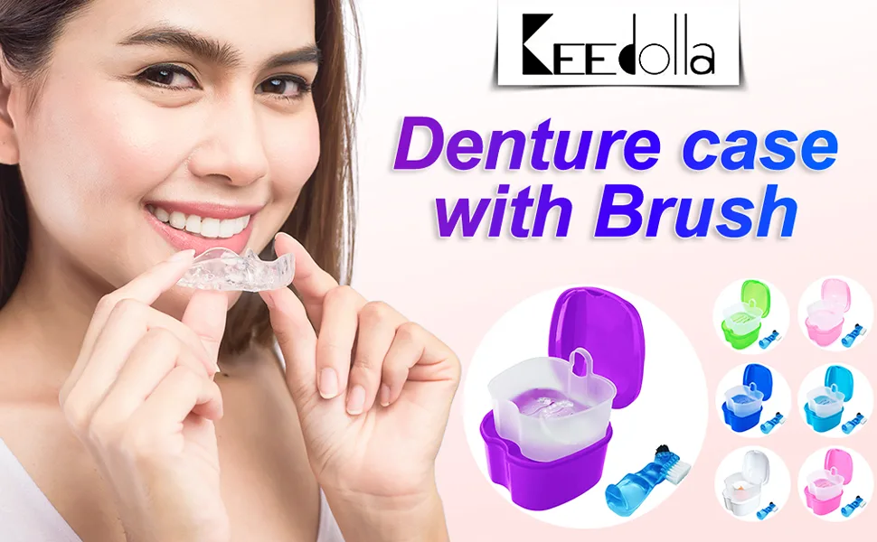 Keedolla 2 Pack Cute Denture Cups Denture Bath Container for Soaking False Teeth Denture Storage Container Soaking Bath Case with 2 Brush - Blue and White Blue & White - product information 1