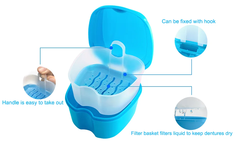 2 Pack Denture Case False Teeth Container with Brush Denture Cup False Teeth Holder Denture Bath Box Soaking Case Travel with Strainer Basket - Black and Blue Black & Blue - product information 3