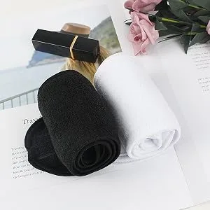 Facial Spa Headband - 2 Pcs Makeup Shower Bath Wrap Sport Headband Terry Cloth Adjustable Stretch Towel with Magic Tape Black+Black - headband for washing face