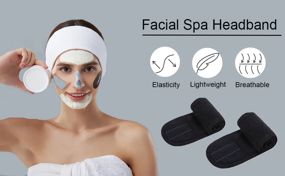 Facial Spa Headband - 2 Pcs Makeup Shower Bath Wrap Sport Headband Terry Cloth Adjustable Stretch Towel with Magic Tape Black+Black - spa headband