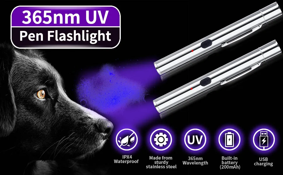 LEAGY 2 Pack Pen Torch 365nm UV Light Penlight USB Rechargeable Torch Black Light Flashlight for Detecting Mold Fungus Fluorescent Stains and Pet Urine etc - 365nm UV Pen flashlight