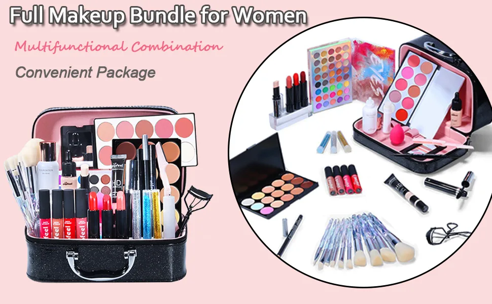 All-In-One Makeup Kit 35 Pcs Complete Makeup Gift Set Full Kit Combination with Eyeshadow Blush Lipstick Concealer etc Essential Starter Bundle for Women Pro Multi-purpose Beauty Cosmetic Set#1 35PCS - MKNZOME Multifunctional makeup bundle for women with black carry bag