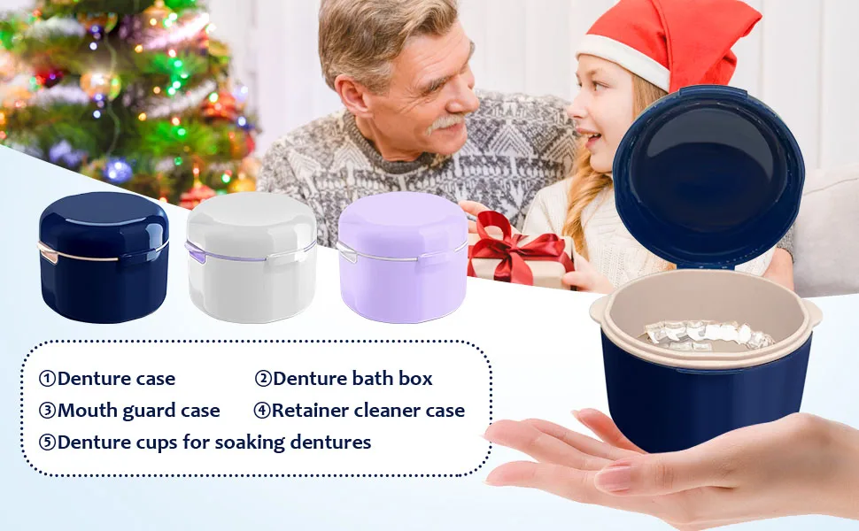 Denture Case Denture Cup for Soaking Dentures Denture Bath Box with Rinsing Basket Portable False Teeth Storage Containers Thorough Cleaning of Dentures Retainer Clear Braces (Blue) - product information 1