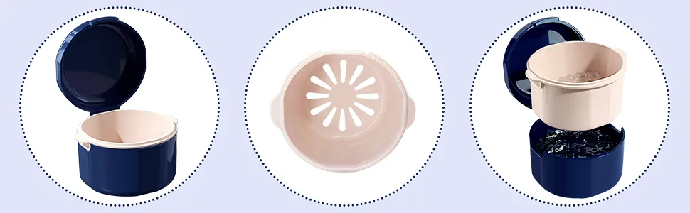 Denture Case Denture Cup for Soaking Dentures Denture Bath Box with Rinsing Basket Portable False Teeth Storage Containers Thorough Cleaning of Dentures Retainer Clear Braces (Blue) - product information 2