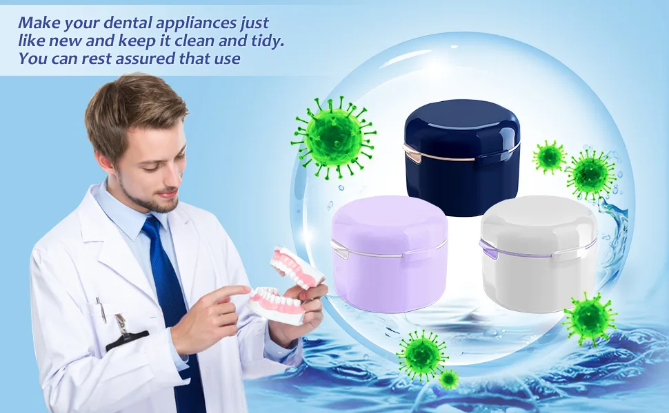 Denture Case Denture Cup for Soaking Dentures Denture Bath Box with Rinsing Basket Portable False Teeth Storage Containers Thorough Cleaning of Dentures Retainer Clear Braces (Blue) - product information 3