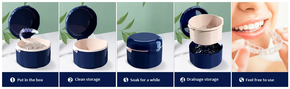 Denture Case Denture Cup for Soaking Dentures Denture Bath Box with Rinsing Basket Portable False Teeth Storage Containers Thorough Cleaning of Dentures Retainer Clear Braces (Blue) - product information 5