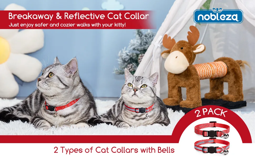 Nobleza Reflective Cat Collars with Bell Quick Release Safety Buckle Kitten Collar Adjustable 20-30cm Suitable for All Girl Boy Cats Kitten Pet (2 Pack Red) - cat collar