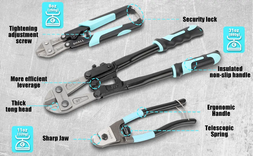 SHALL 3-Piece Bolt Cutter Kit 14" Heavy Duty Bolt Cutter 8" Wire Cutter 8" Wire Rope Cutter Ergonomic Handle Security Lock More Efficient Leverage & Adjustable Opening Carrying Case Included - product information 2