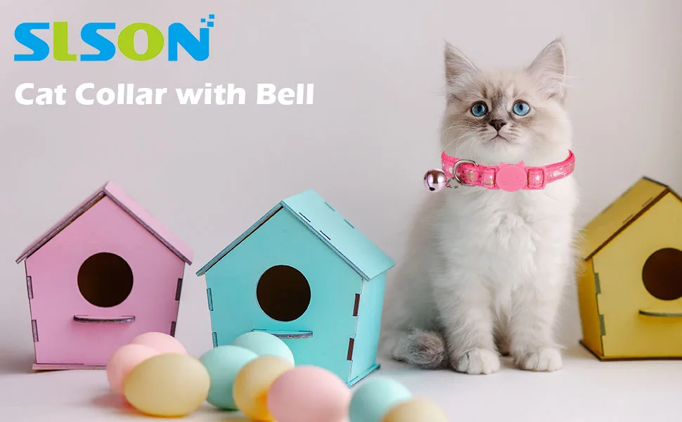 SLSON 3 Pack Cat Collar Breakaway Kitten Collar with Bell Moon Star and Fish Bone Pattern Cat Collars Glow in Dark Adjustable from 18-28cm Purple Pink Black - cat collar