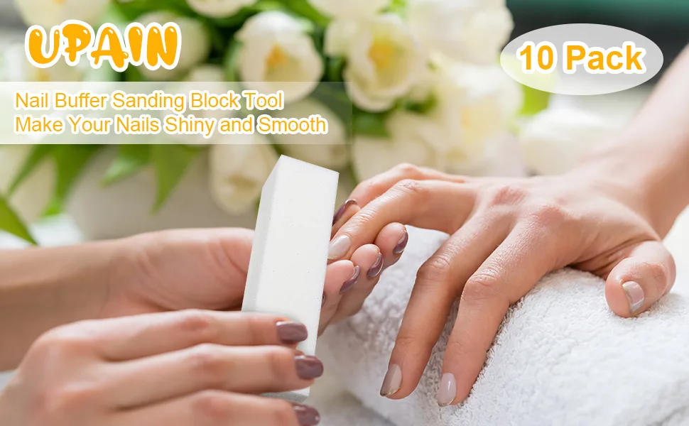 upain 10 Pieces Nail Buffer Block with Nail Brush 4 Way Professional Nail Buffer Block 12 Grit White Nail Sanding Tools for Gel Natural Acrylic Nails - Nail Buffer Block with Nail Brush